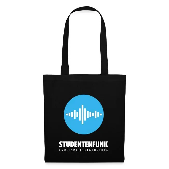 Schwarzer Stoffbeutel mit blauem Stufu-Logo und Schriftzug