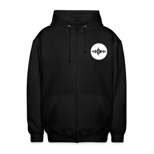 Schwarze Kapuzenjacke mit Reißverschluss, vorne links das runde Stufu-Logo
