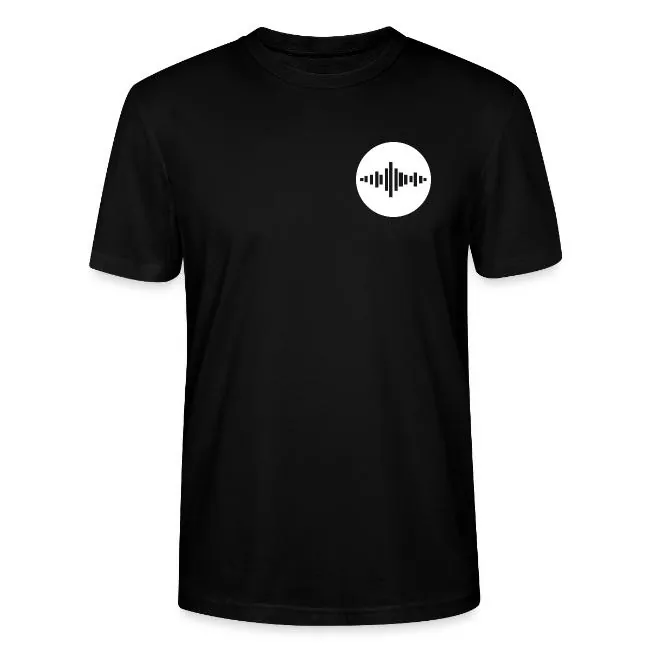 Schwarzes T-Shirt, vorne links das runde Stufu-Logo